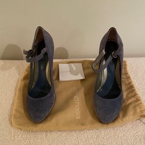 Sergio Rossi blue suede Mary Jane wedge heels